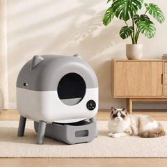 Warcat Cat-Ear Enclosed Self-Cleaning Litter Box for All Sizes Cats, Gray & White