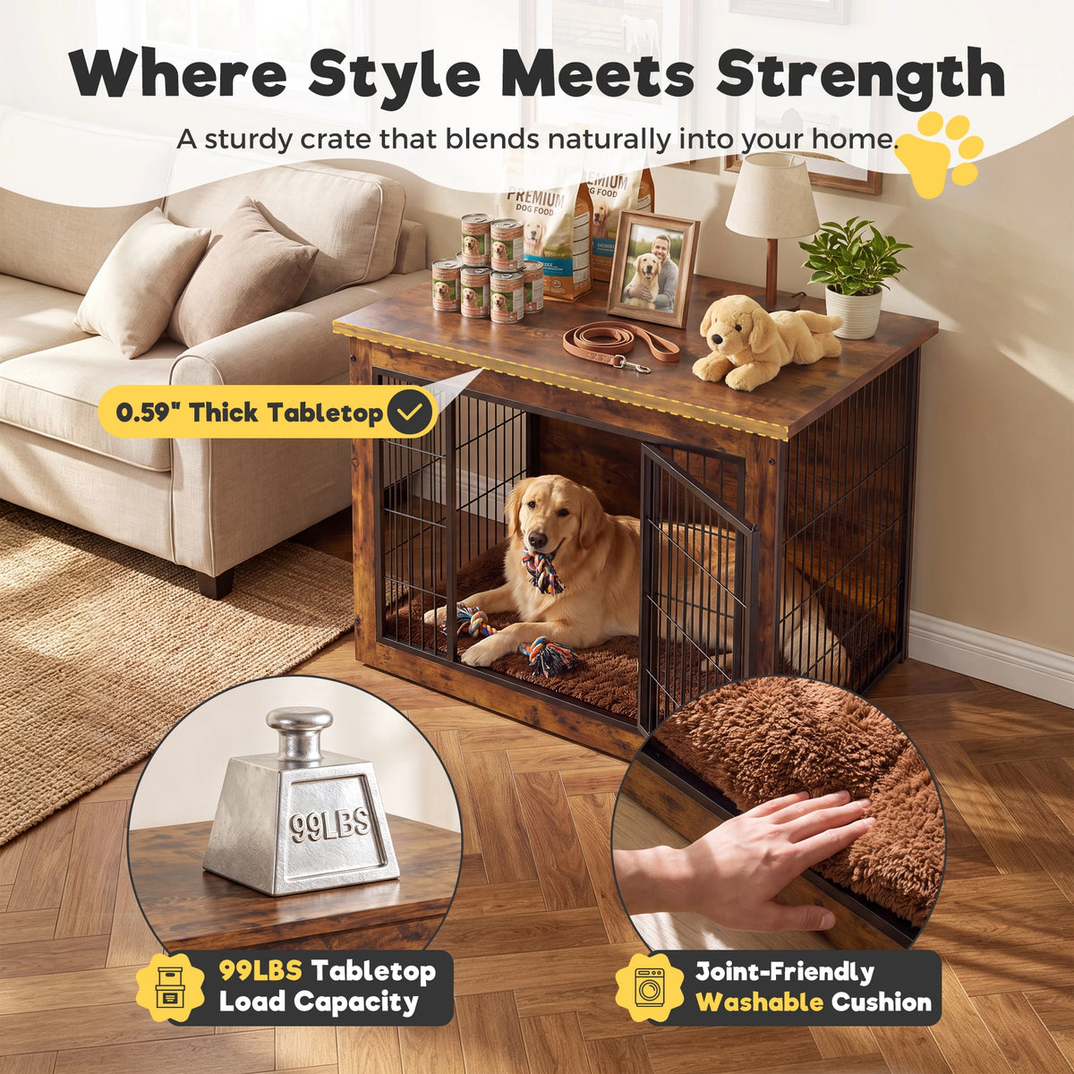 Warcat 3-in-1 Wooden Dog Crate End Table, Furniture Style Dog Crate with Cushion for Large Dogs, Rustic Brown