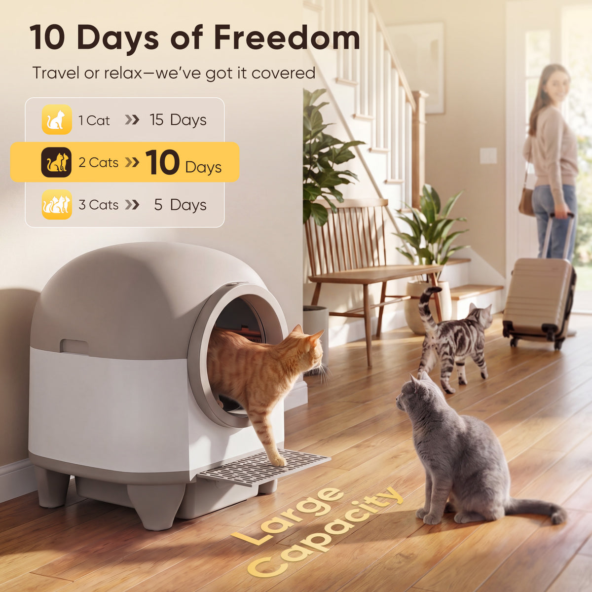 Warcat 90L Enclosed Automatic Self-Cleaning Litter Box for Multiple Cats, White & Brown