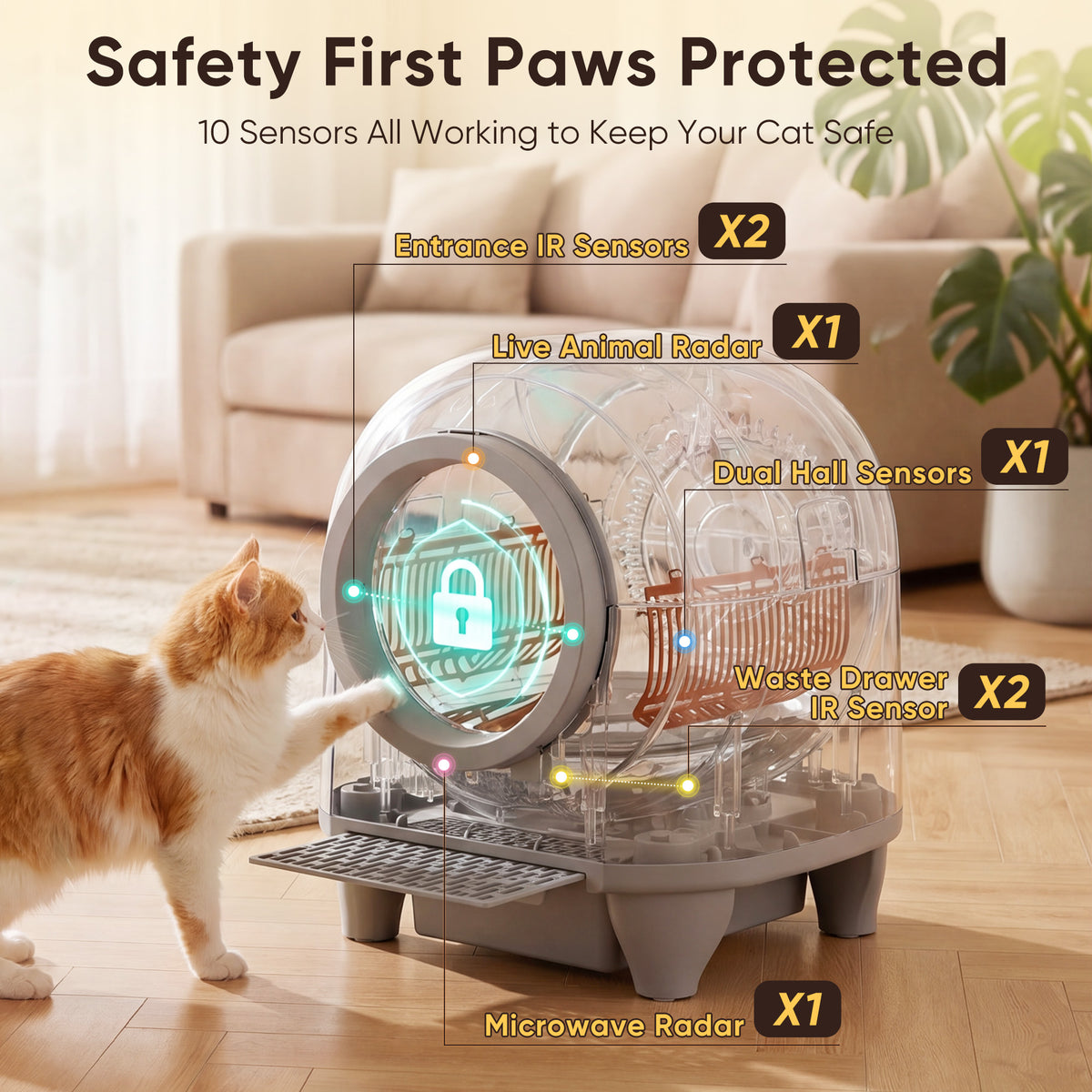 Warcat 90L Enclosed Automatic Self-Cleaning Litter Box for Multiple Cats, White & Brown