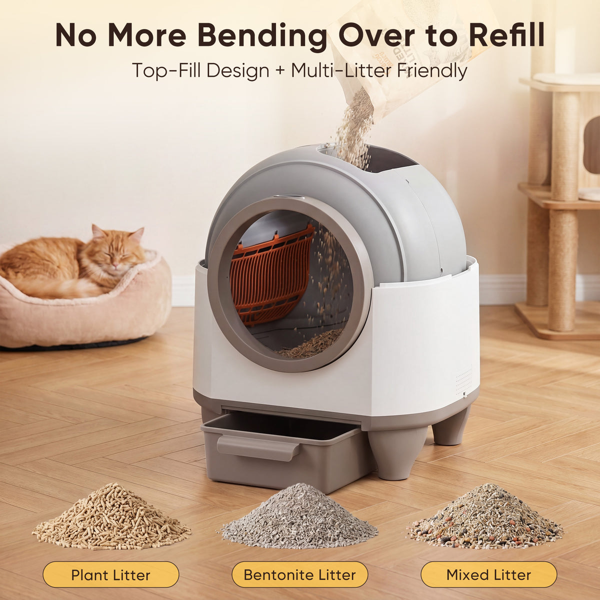 Warcat 90L Enclosed Automatic Self-Cleaning Litter Box for Multiple Cats, White & Brown