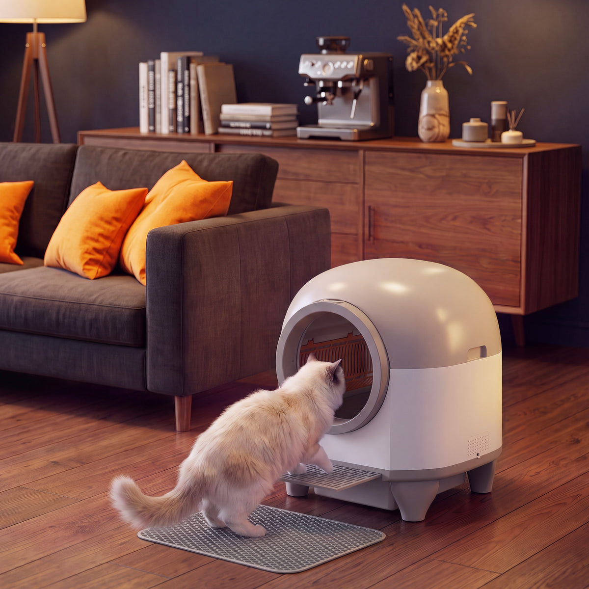 Warcat 90L Enclosed Automatic Self-Cleaning Litter Box for Multiple Cats, White & Brown