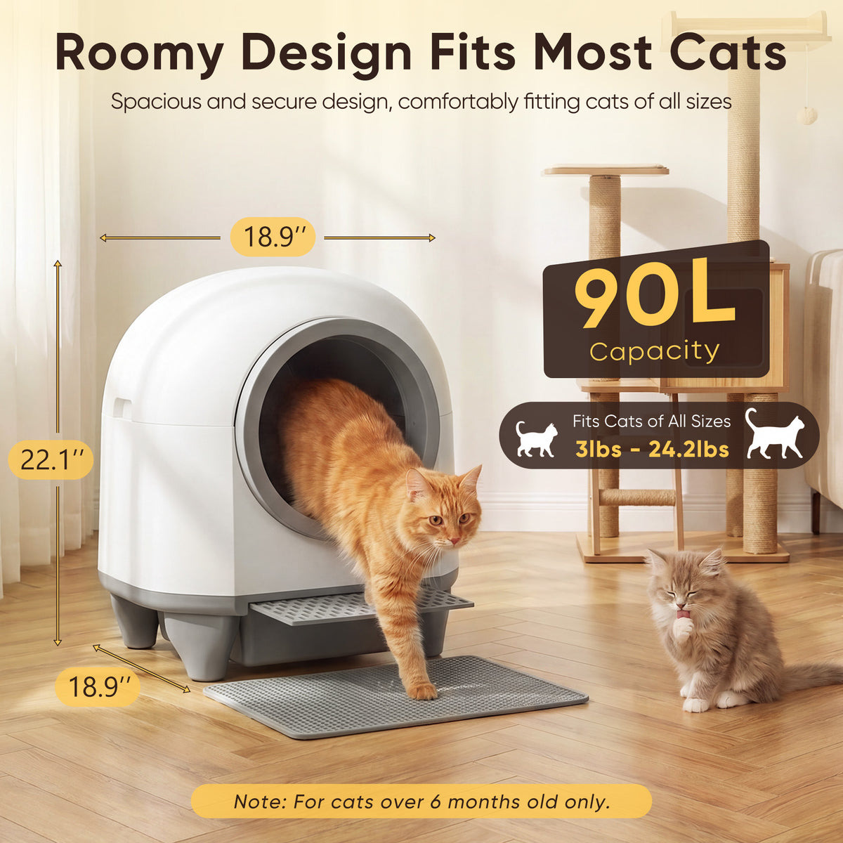 Warcat 90L Enclosed Automatic Self-Cleaning Litter Box for Multiple Cats, White & Gray