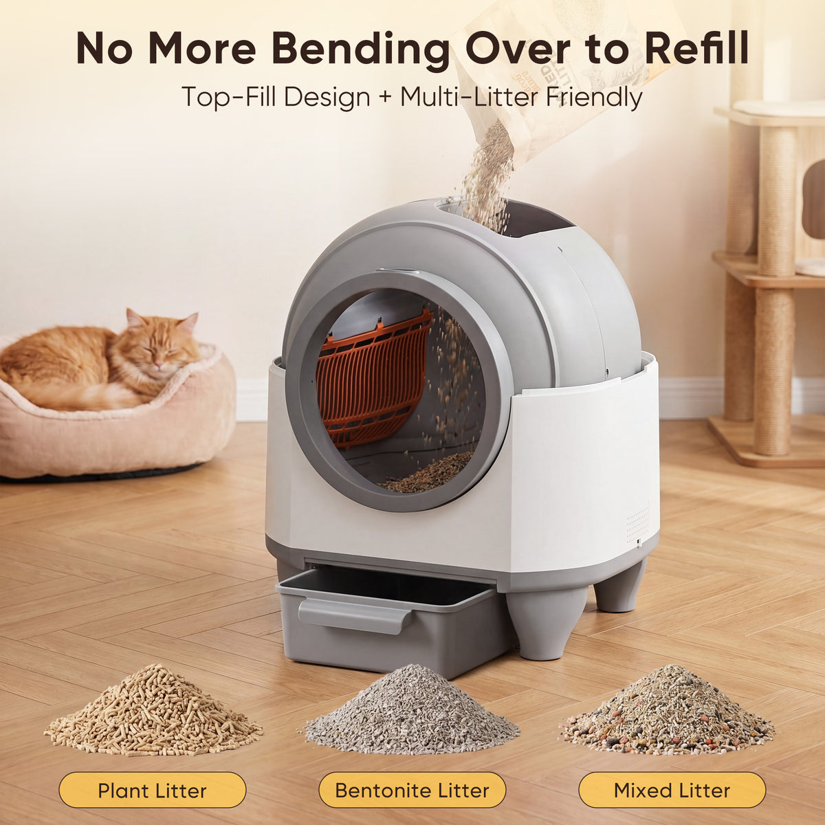 Warcat 90L Enclosed Automatic Self-Cleaning Litter Box for Multiple Cats, White & Gray