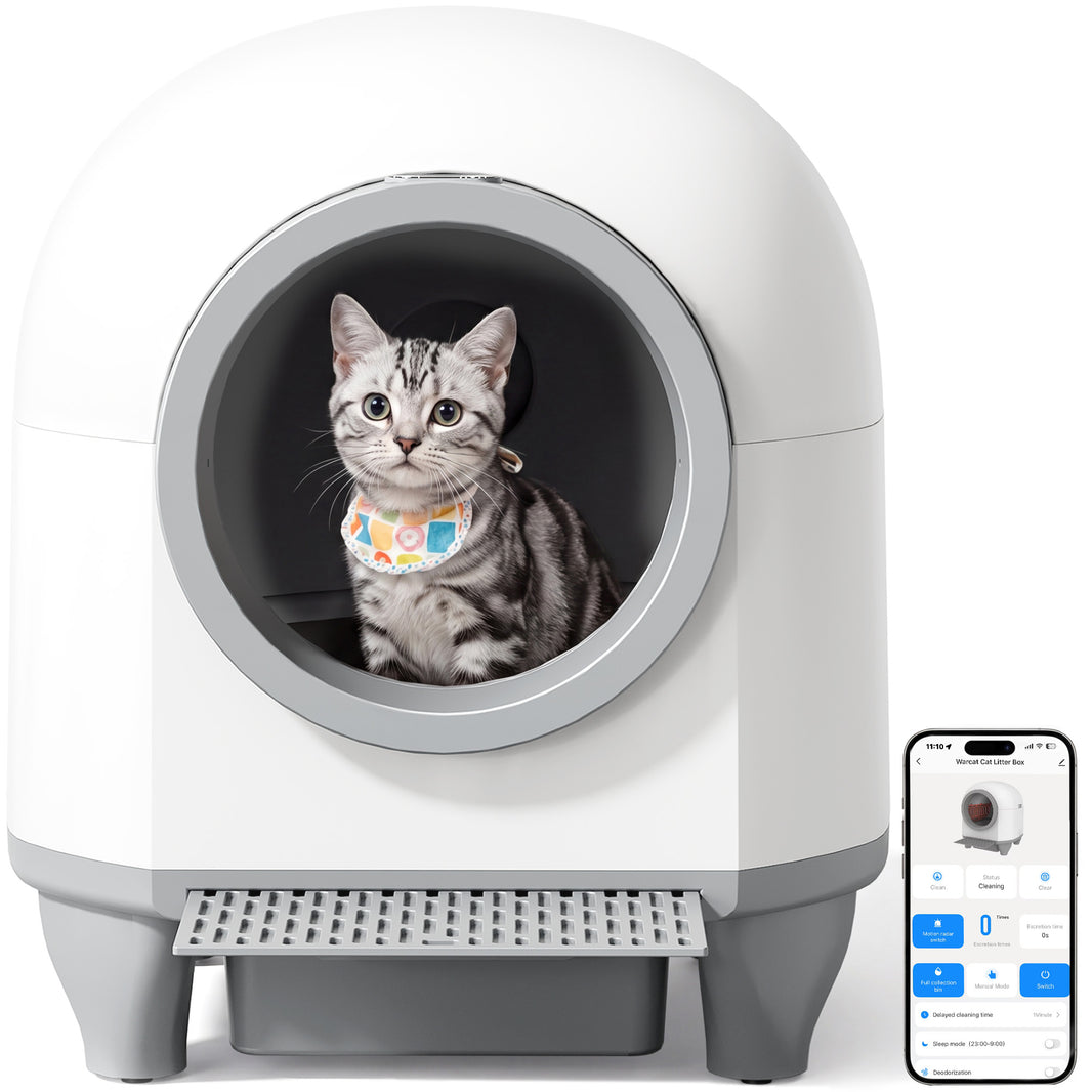 Warcat 90L Enclosed Automatic Self-Cleaning Litter Box for Multiple Cats, White & Gray