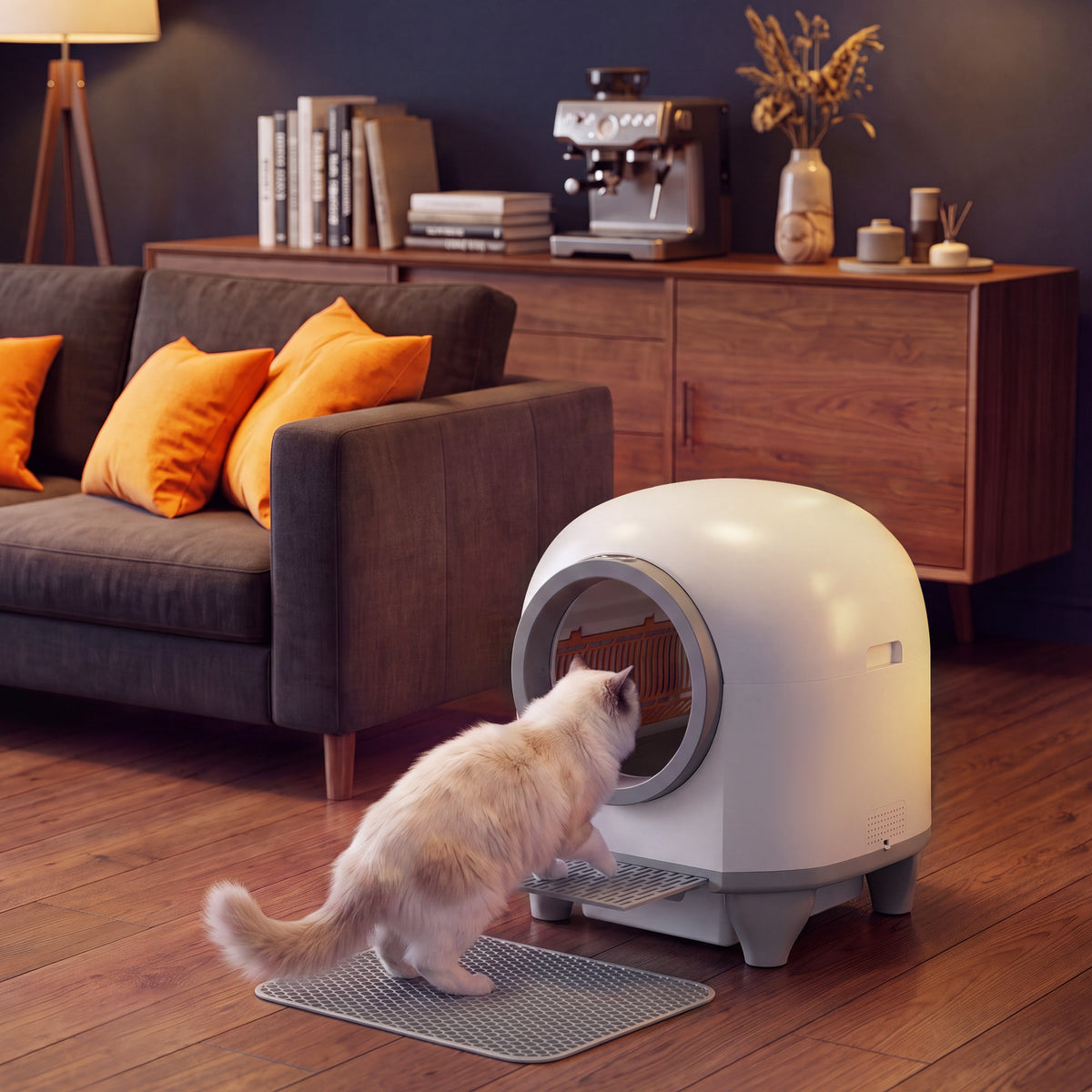 Warcat 90L Enclosed Automatic Self-Cleaning Litter Box for Multiple Cats, White & Gray