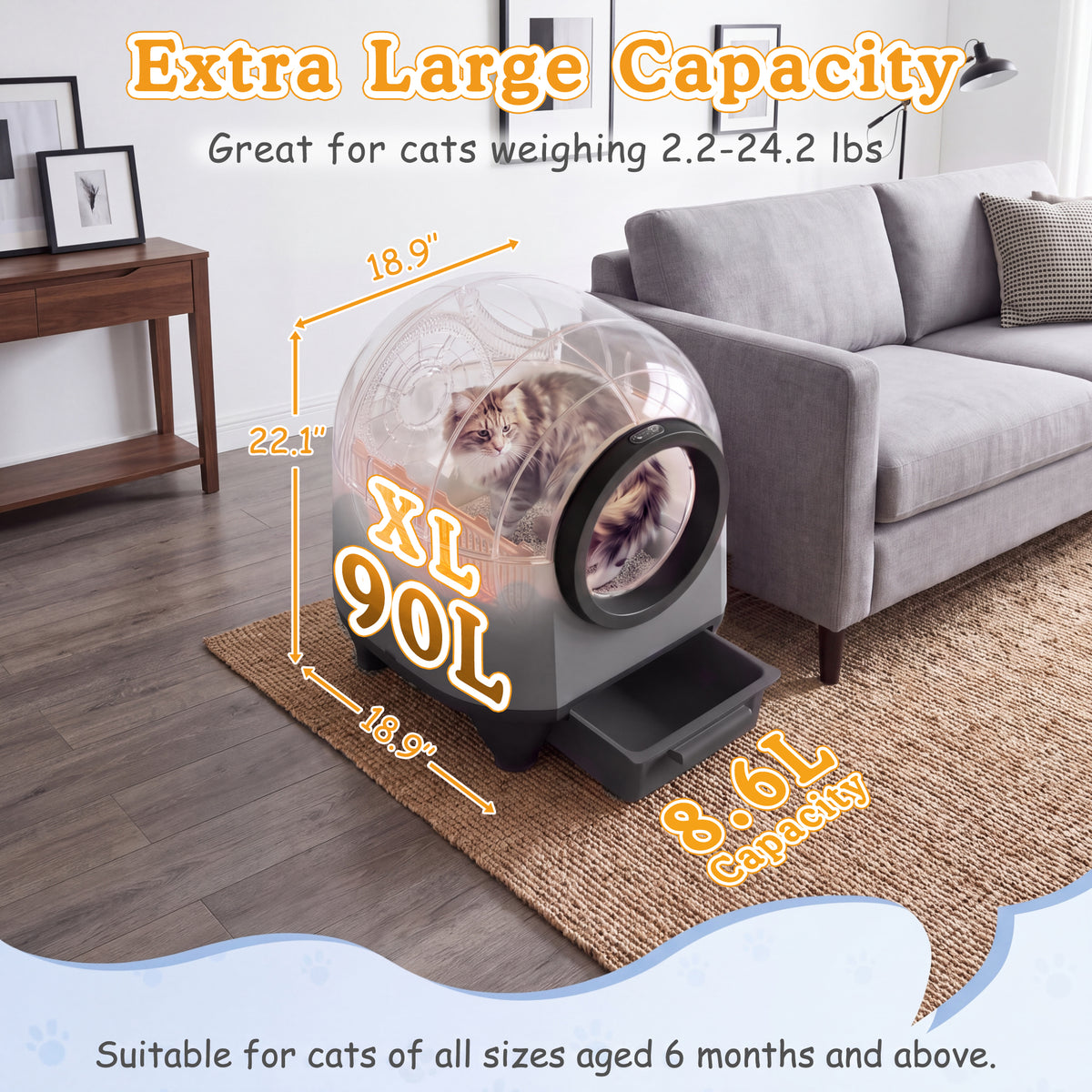 Warcat 90L Enclosed Automatic Self-Cleaning Litter Box for Multiple Cats, Black & Gray