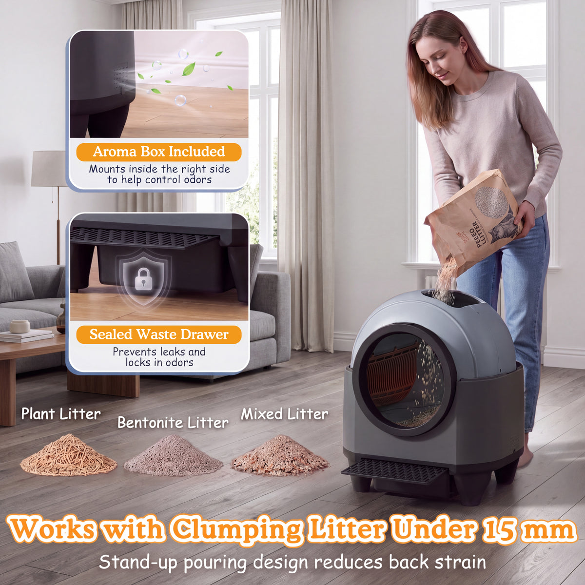 Warcat 90L Enclosed Automatic Self-Cleaning Litter Box for Multiple Cats, Black & Gray