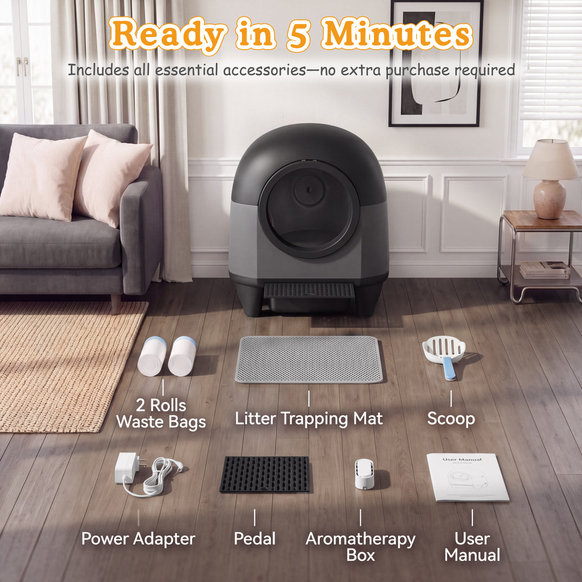Warcat 90L Enclosed Automatic Self-Cleaning Litter Box for Multiple Cats, Black & Gray