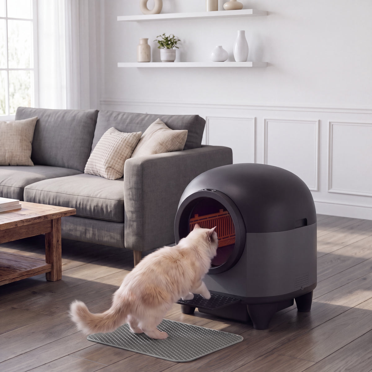 Warcat 90L Enclosed Automatic Self-Cleaning Litter Box for Multiple Cats, Black & Gray
