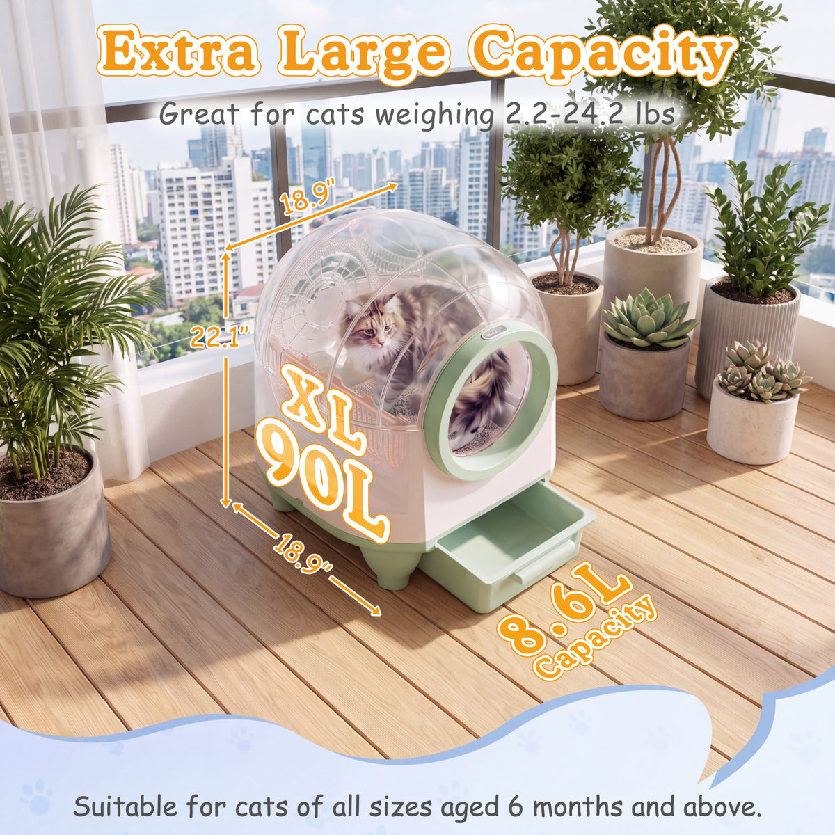 Warcat 90L Enclosed Automatic Self-Cleaning Litter Box for Multiple Cats, Green & White