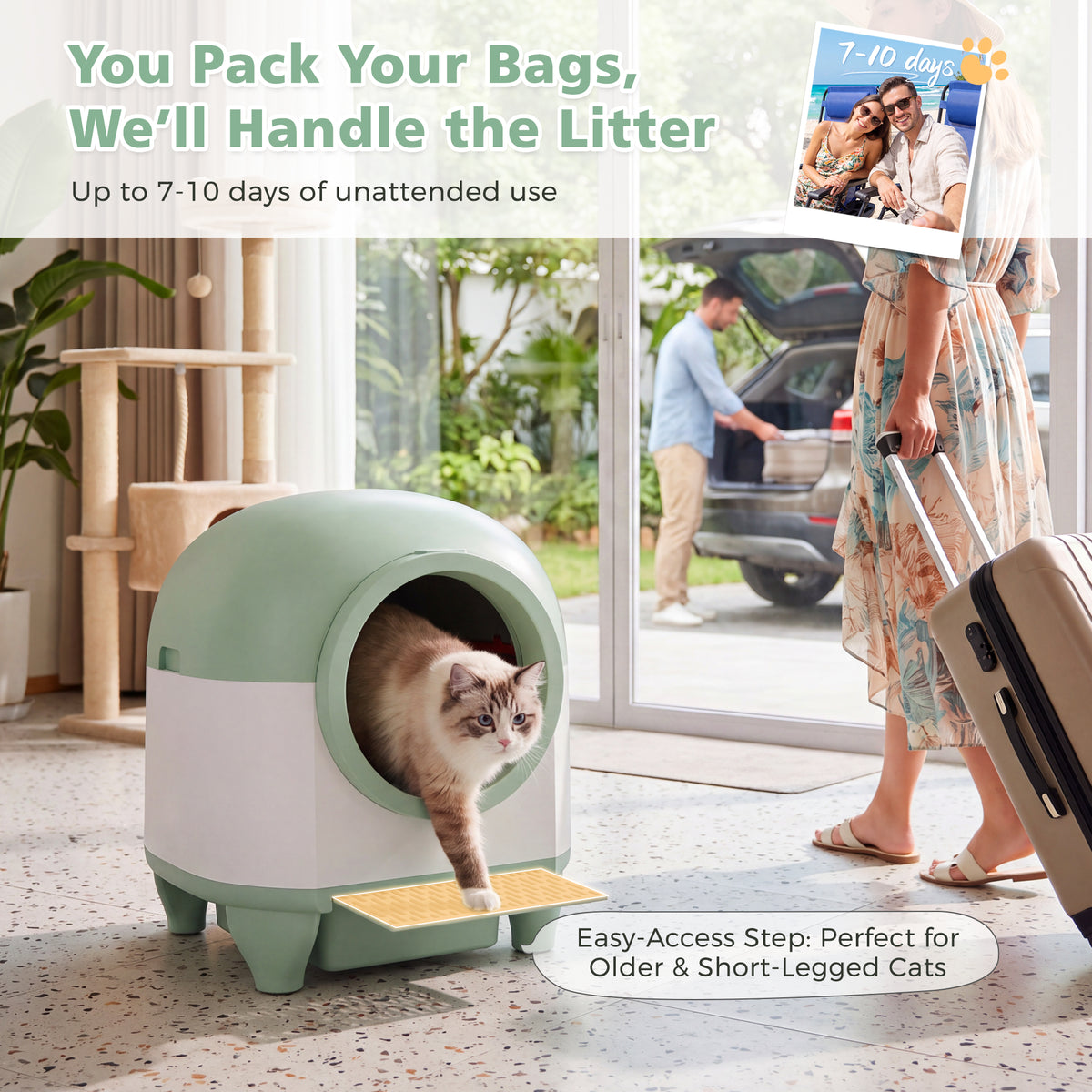 Warcat 90L Enclosed Automatic Self-Cleaning Litter Box for Multiple Cats, Green & White