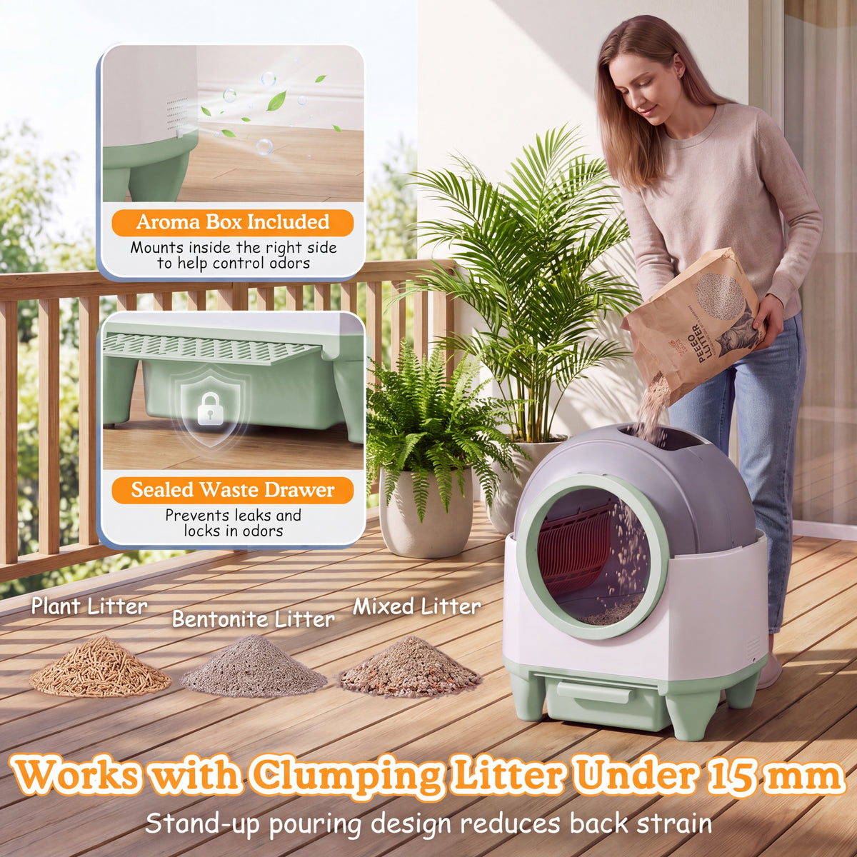 Warcat 90L Enclosed Automatic Self-Cleaning Litter Box for Multiple Cats, Green & White