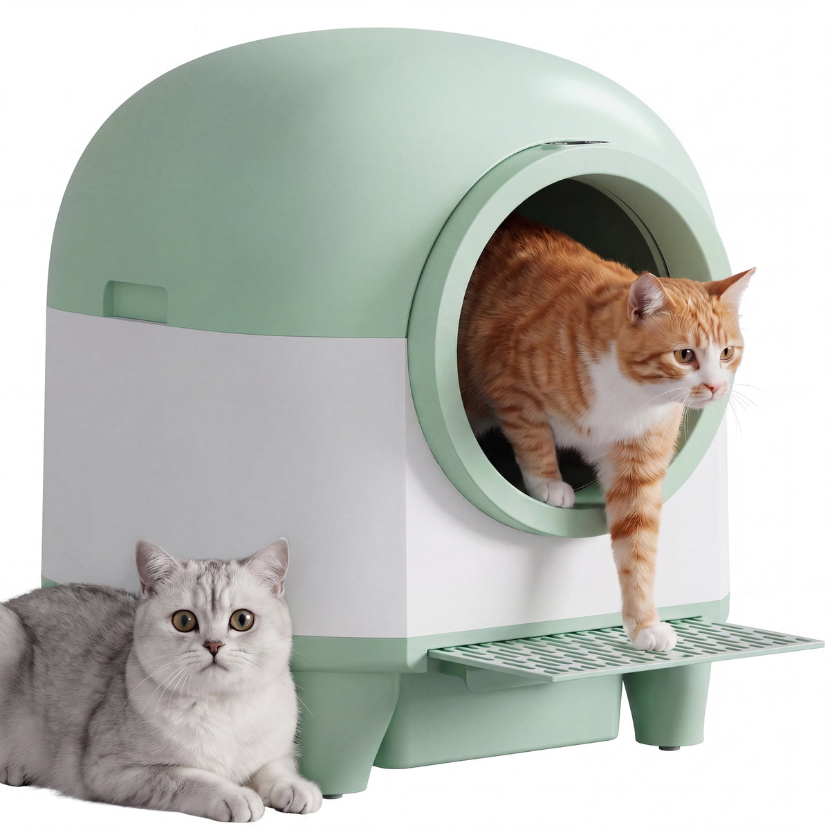 Warcat 90L Enclosed Automatic Self-Cleaning Litter Box for Multiple Cats, Green & White