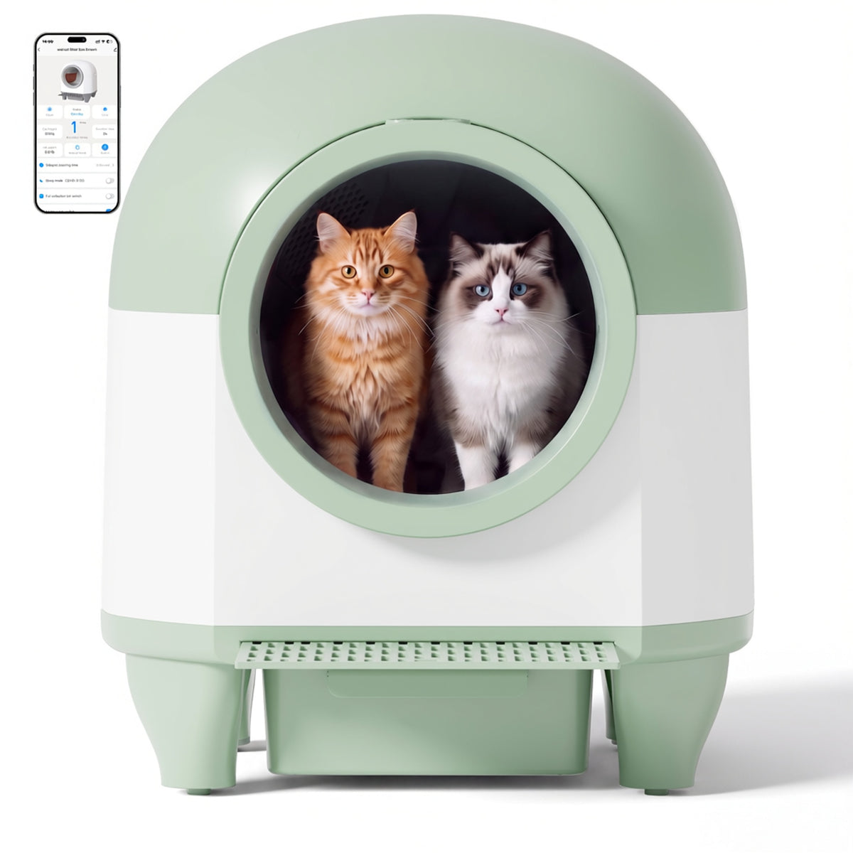 Warcat 90L Enclosed Automatic Self-Cleaning Litter Box for Multiple Cats, Green & White