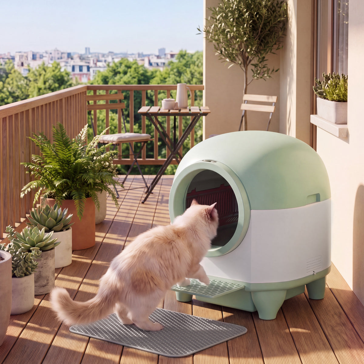 Warcat 90L Enclosed Automatic Self-Cleaning Litter Box for Multiple Cats, Green & White