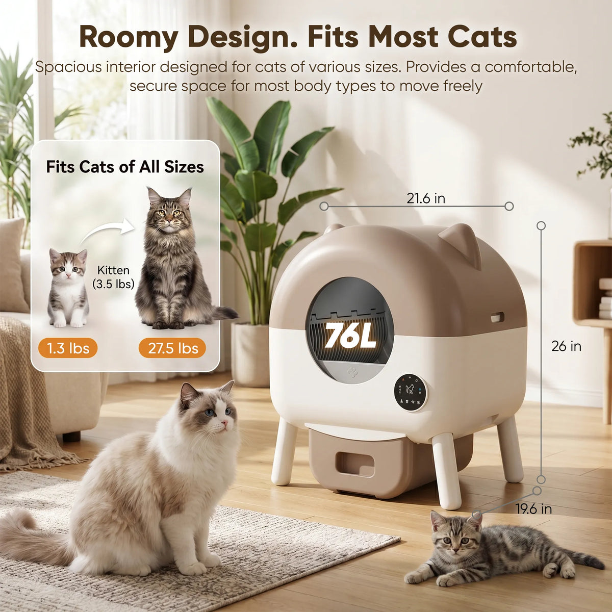 Warcat Cat-Ear Enclosed Self-Cleaning Litter Box for All Sizes Cats, Brown & White