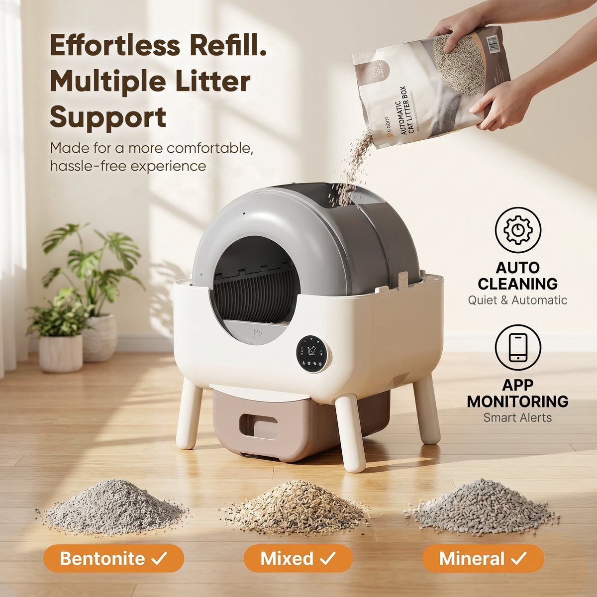 Warcat Cat-Ear Enclosed Self-Cleaning Litter Box for All Sizes Cats, Brown & White