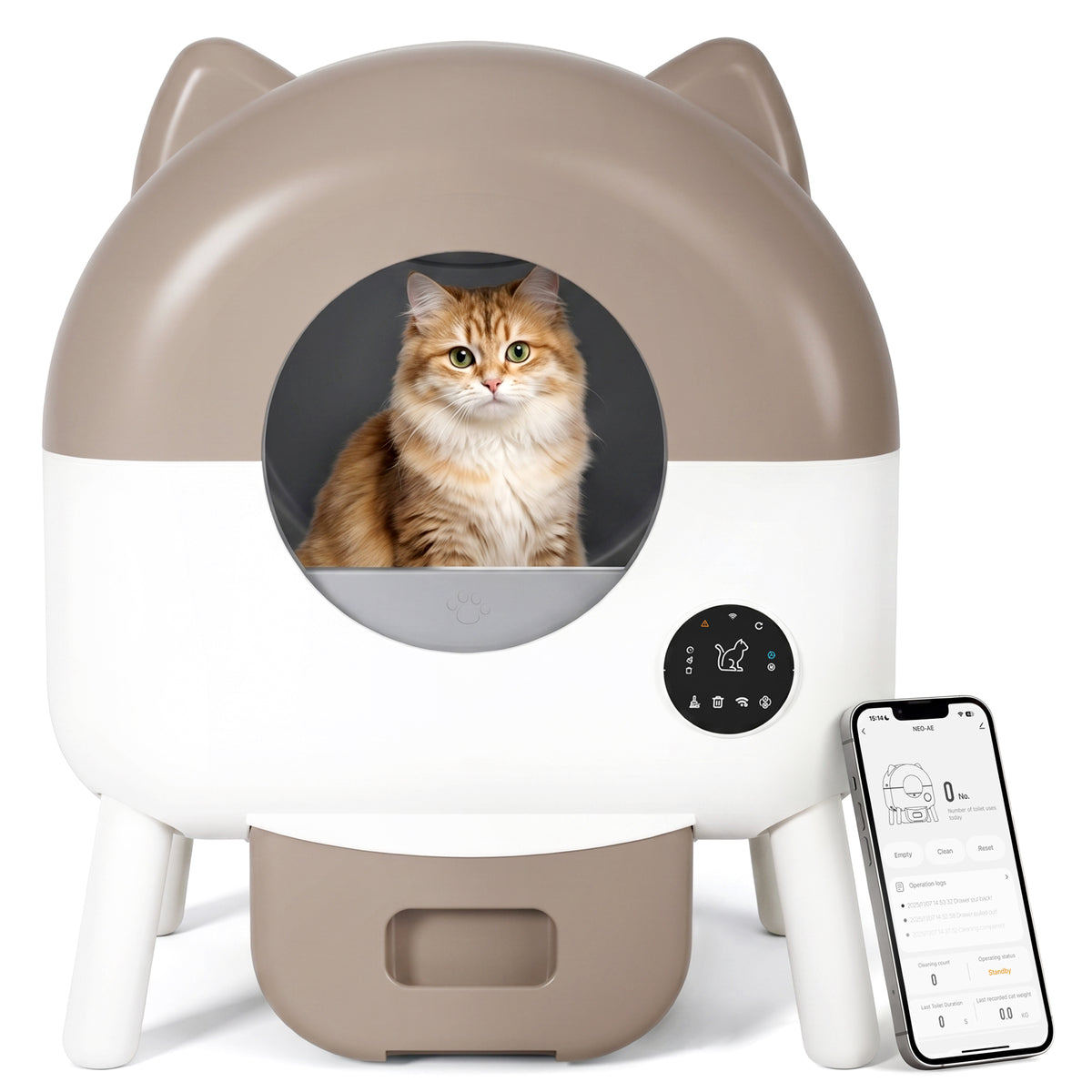 Warcat Cat-Ear Enclosed Self-Cleaning Litter Box for All Sizes Cats, Brown & White