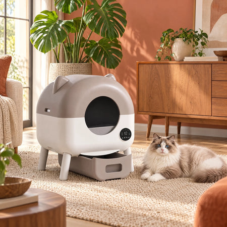 Warcat Cat-Ear Enclosed Self-Cleaning Litter Box for All Sizes Cats, Brown & White