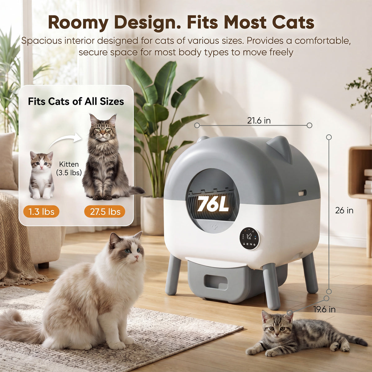 Warcat Cat-Ear Enclosed Self-Cleaning Litter Box for All Sizes Cats, Gray & White