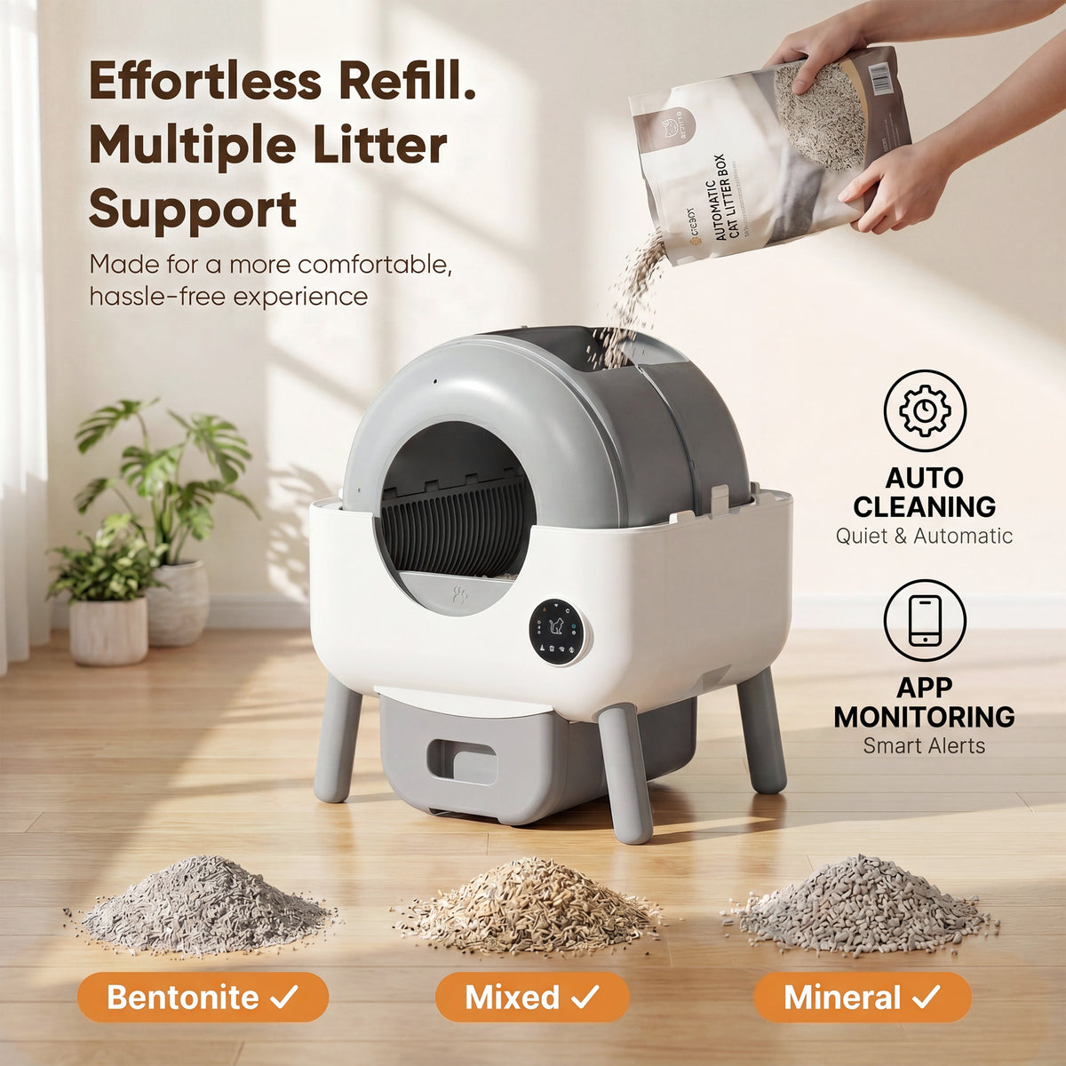 Warcat Cat-Ear Enclosed Self-Cleaning Litter Box for All Sizes Cats, Gray & White