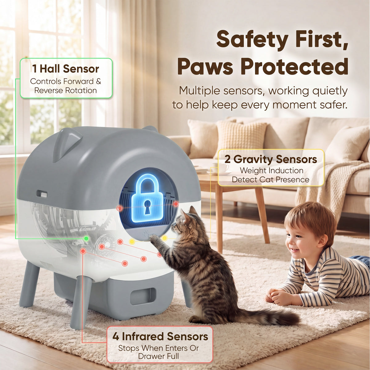 Warcat Cat-Ear Enclosed Self-Cleaning Litter Box for All Sizes Cats, Gray & White