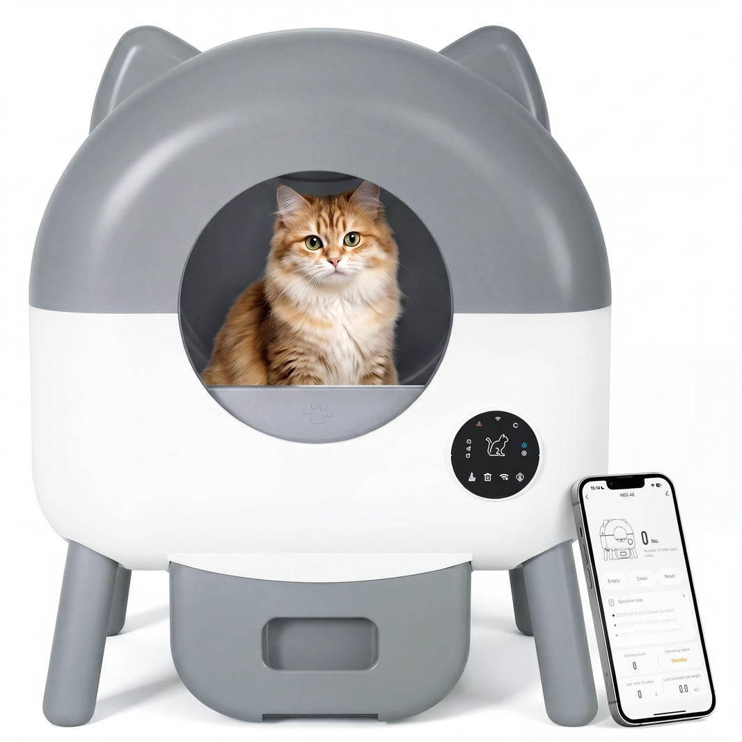 Warcat Cat-Ear Enclosed Self-Cleaning Litter Box for All Sizes Cats, Gray & White