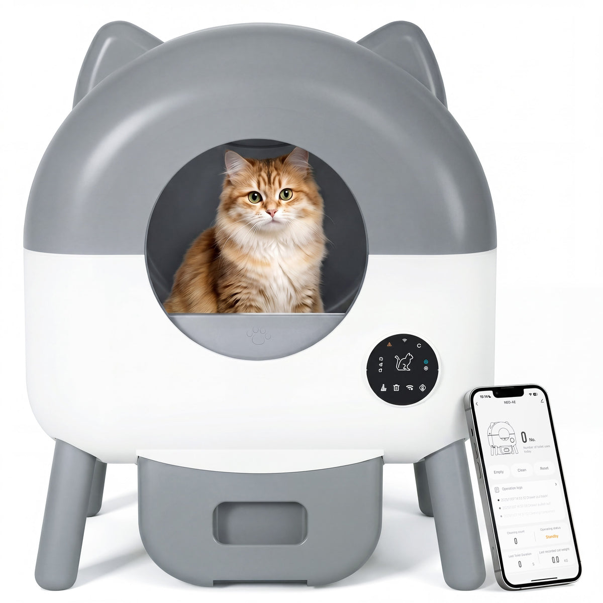 Warcat Cat-Ear Enclosed Self-Cleaning Litter Box for All Sizes Cats, Gray & White