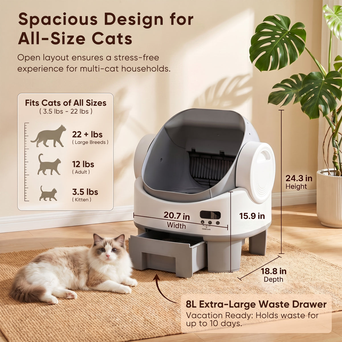 Warcat Open-Top Self-Cleaning Litter Box, No APP Required with Child Lock, Gray & White