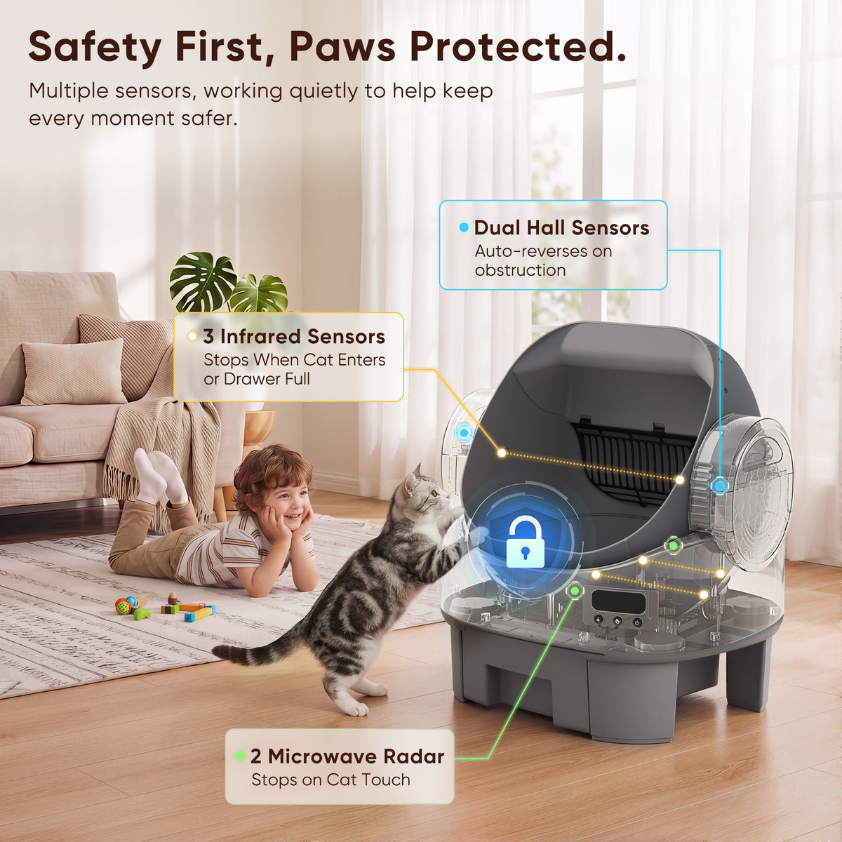 Warcat Open-Top Self-Cleaning Litter Box, No APP Required with Child Lock, Gray & White