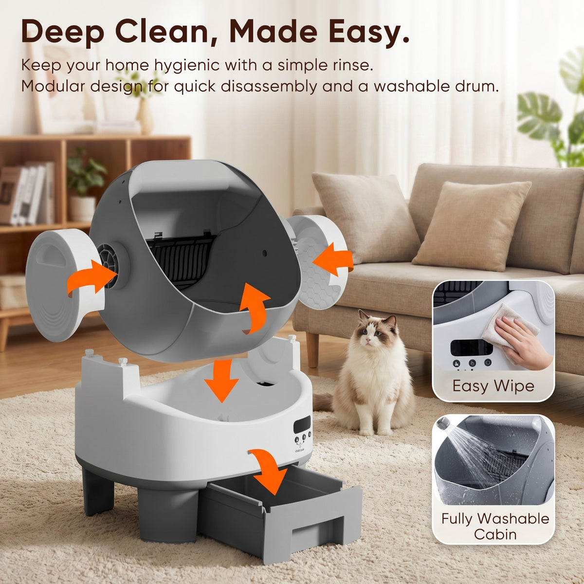 Warcat Open-Top Self-Cleaning Litter Box, No APP Required with Child Lock, Gray & White