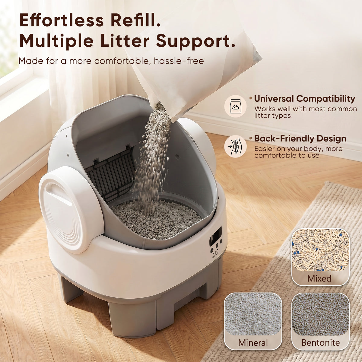 Warcat Open-Top Self-Cleaning Litter Box, No APP Required with Child Lock, Gray & White