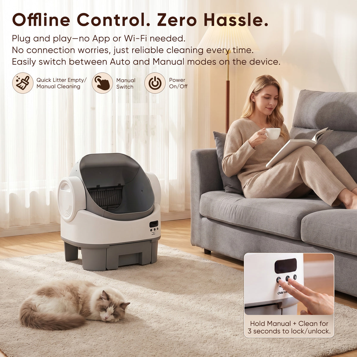 Warcat Open-Top Self-Cleaning Litter Box, No APP Required with Child Lock, Gray & White