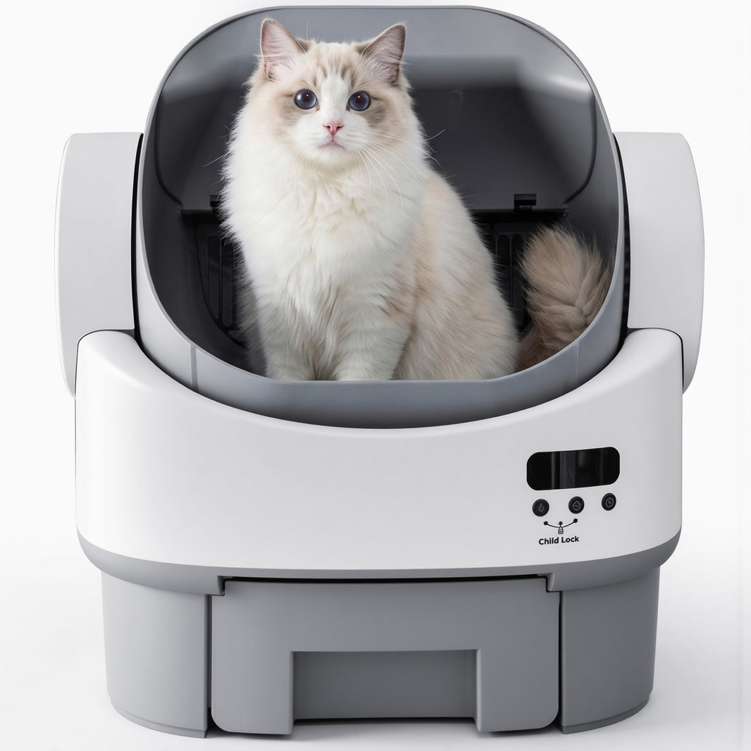 Warcat Open-Top Self-Cleaning Litter Box, No APP Required with Child Lock, Gray & White
