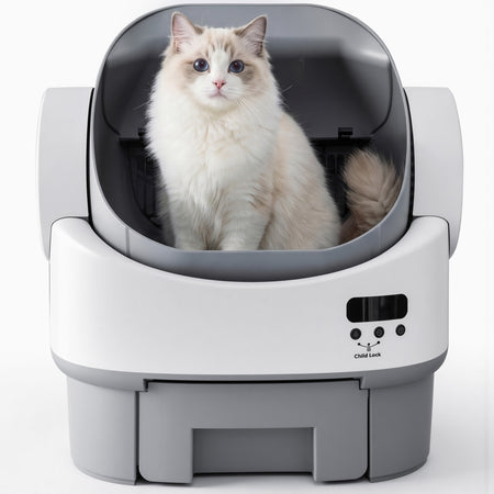 Warcat Open-Top Self-Cleaning Litter Box, No APP Required with Child Lock, Gray & White