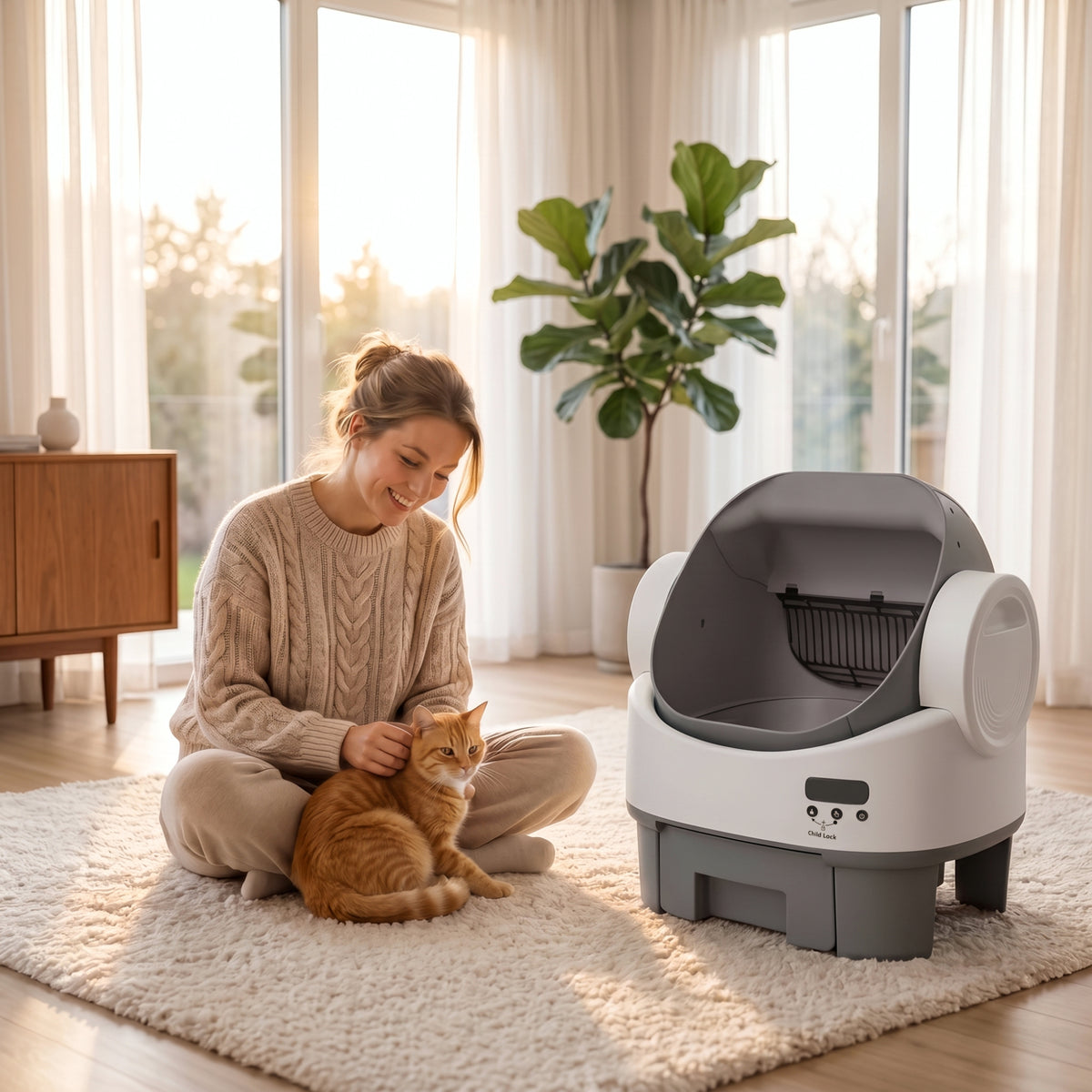 Warcat Open-Top Self-Cleaning Litter Box, No APP Required with Child Lock, Gray & White