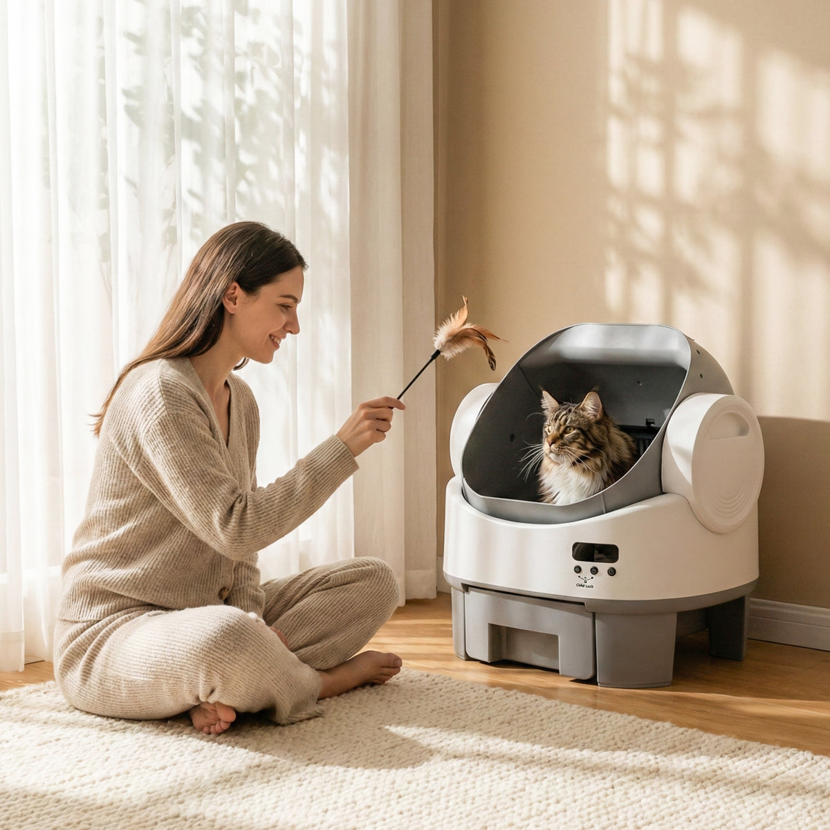 Warcat Open-Top Self-Cleaning Litter Box, No APP Required with Child Lock, Gray & White