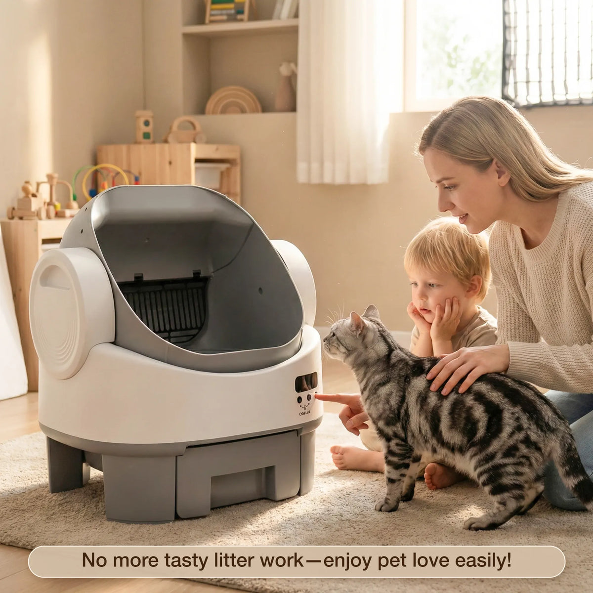 Warcat Open-Top Self-Cleaning Litter Box, No APP Required with Child Lock, Gray & White