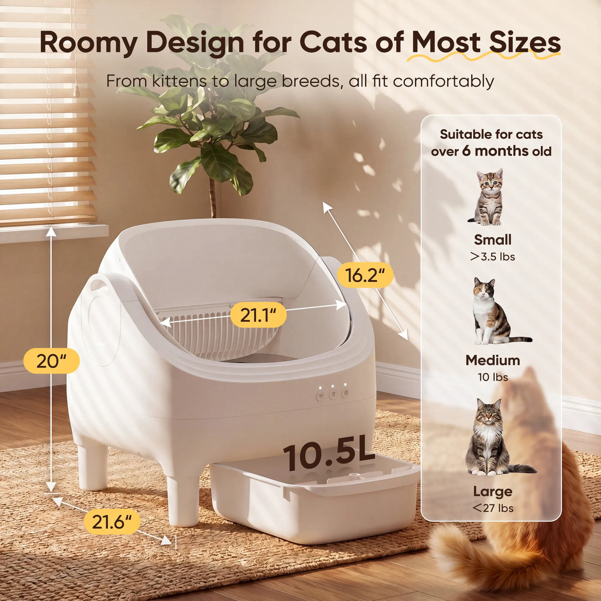 Warcat Open Top Self-Cleaning Litter Box Semi-Open for 10 Days Scoop-Free, White