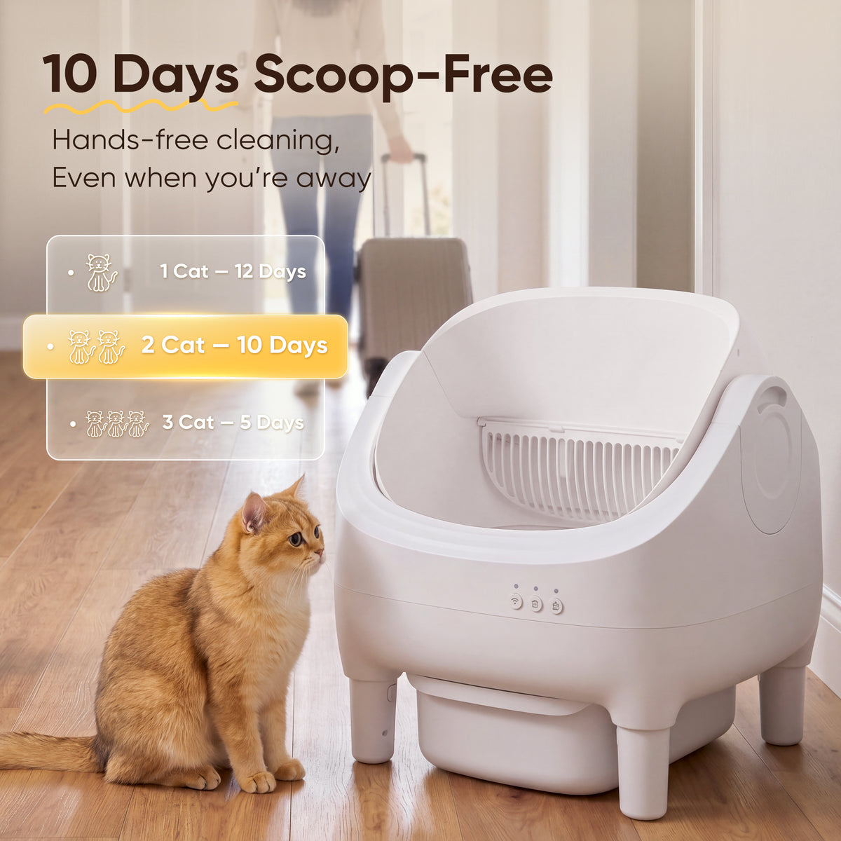 Warcat Open Top Self-Cleaning Litter Box Semi-Open for 10 Days Scoop-Free, White