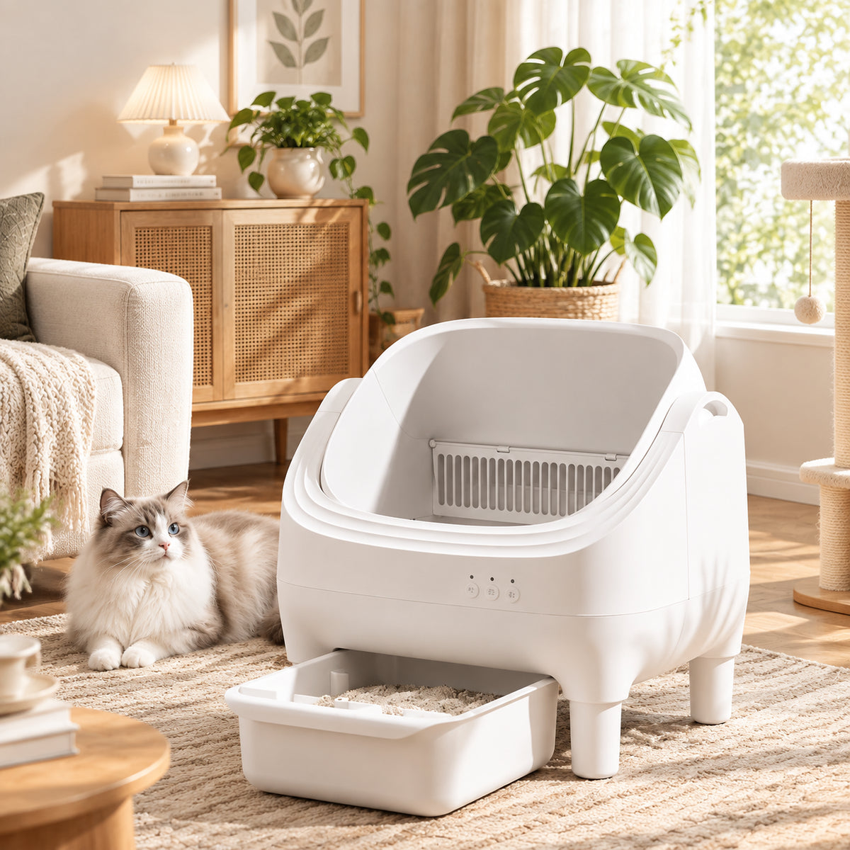 Warcat Open Top Self-Cleaning Litter Box Semi-Open for 10 Days Scoop-Free, White