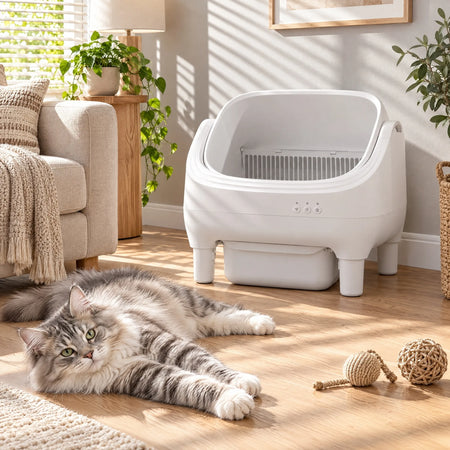 Warcat Open Top Self-Cleaning Litter Box Semi-Open for 10 Days Scoop-Free, White
