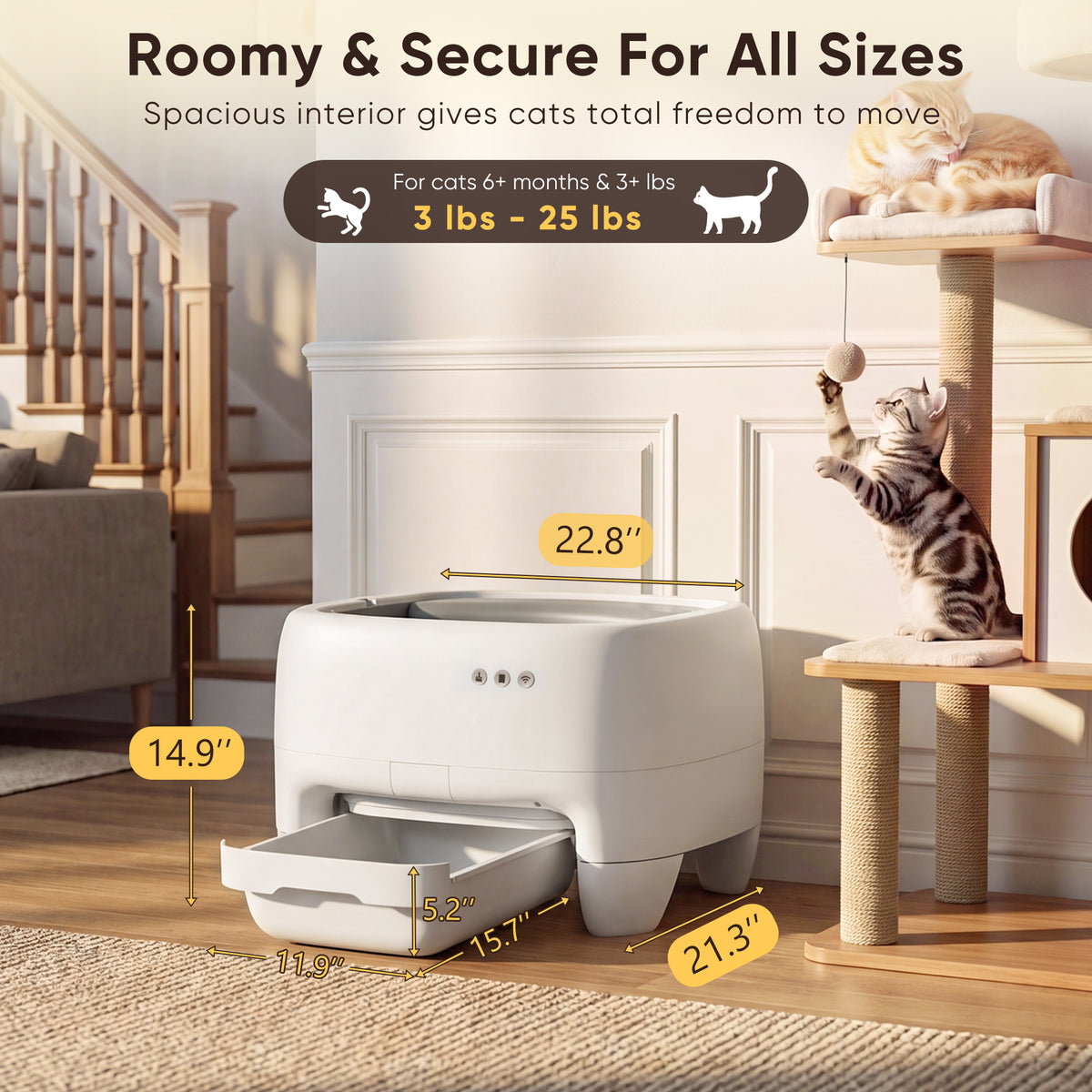 Warcat Open Top Self-Cleaning Litter Box for Small and Medium Cats, White & Gray