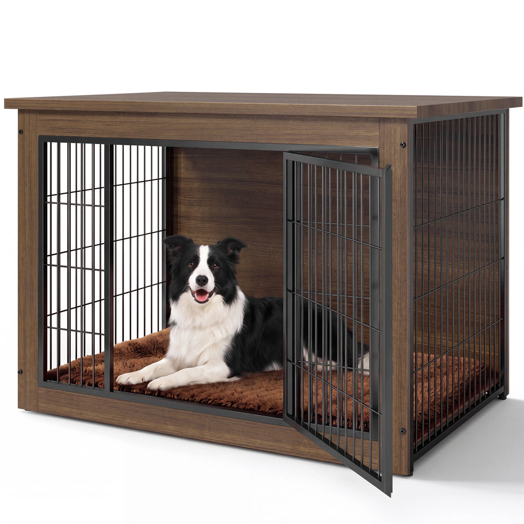 Warcat 3-in-1 Wooden Dog Crate End Table, Furniture Style Dog Crate with Cushion for Large Dogs, Brown