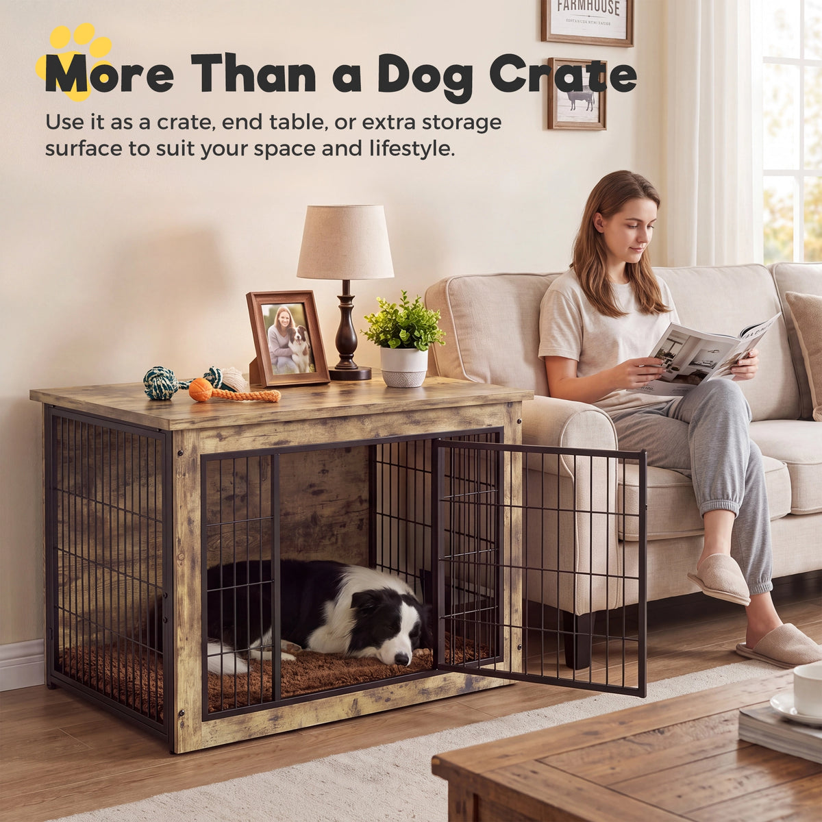 Warcat 3-in-1 Wooden Dog Crate End Table, Furniture Style Dog Crate with Cushion for Large Dogs, Light Beige Wood Tone