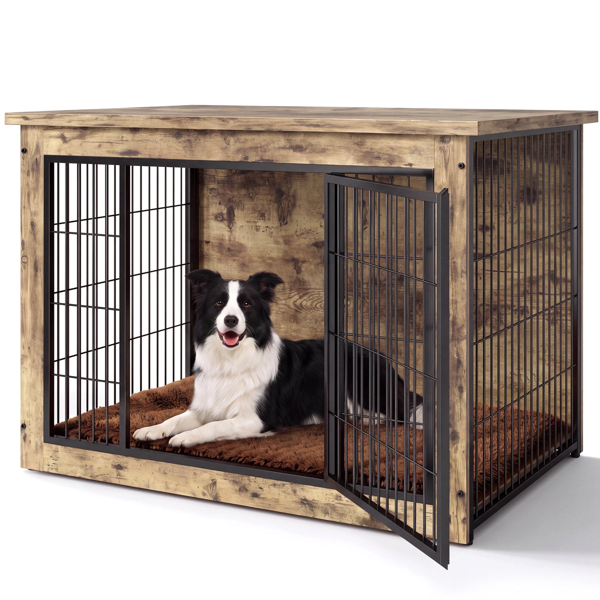 Warcat 3-in-1 Wooden Dog Crate End Table, Furniture Style Dog Crate with Cushion for Large Dogs, Light Beige Wood Tone