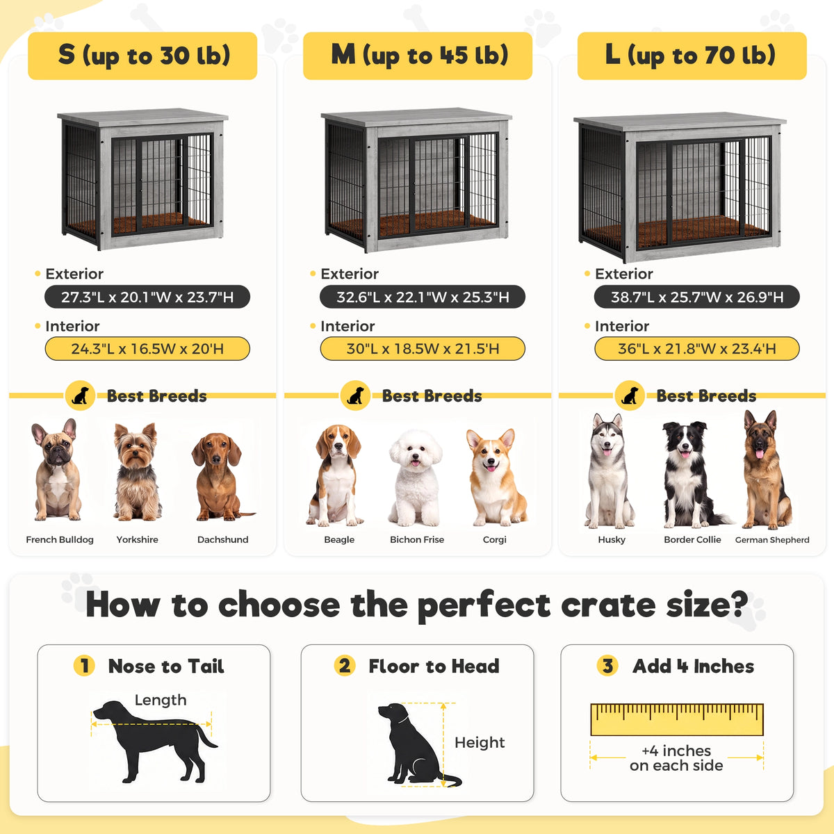Warcat 3-in-1 Wooden Dog Crate End Table, Furniture Style Dog Crate with Cushion, Light Gray