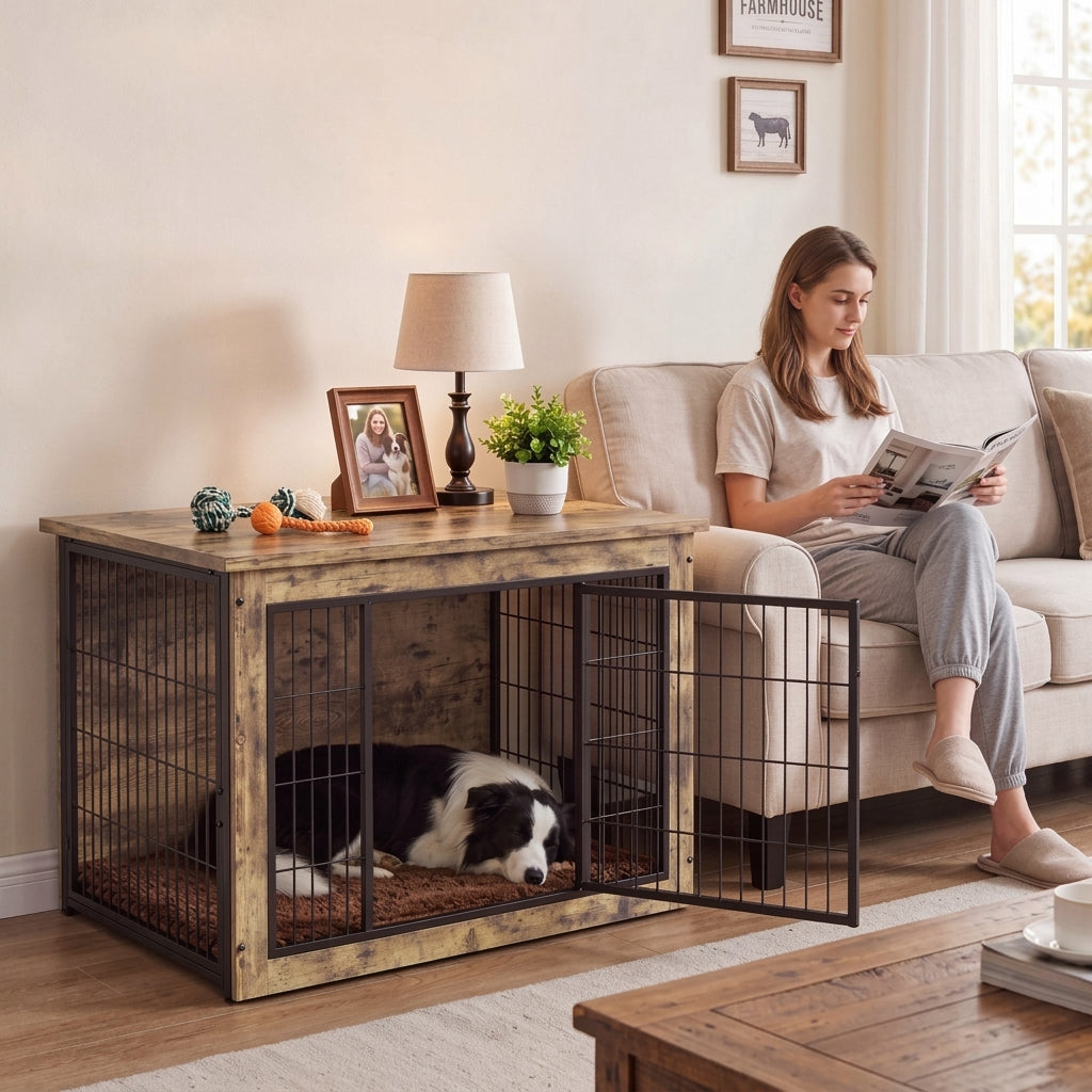 Warcat 3-in-1 Wooden Dog Crate End Table, Furniture Style Dog Crate with Cushion for Large Dogs, Light Beige Wood Tone