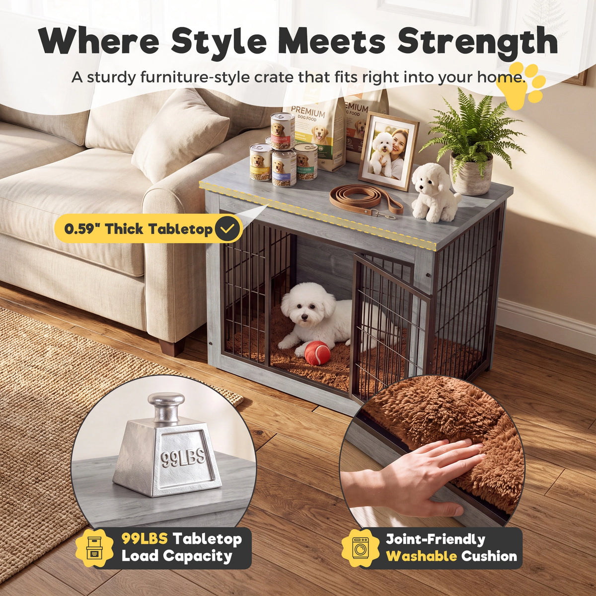 Warcat 3-in-1 Wooden Dog Crate End Table, Furniture Style Dog Crate with Cushion for Medium Dogs, Light Gray